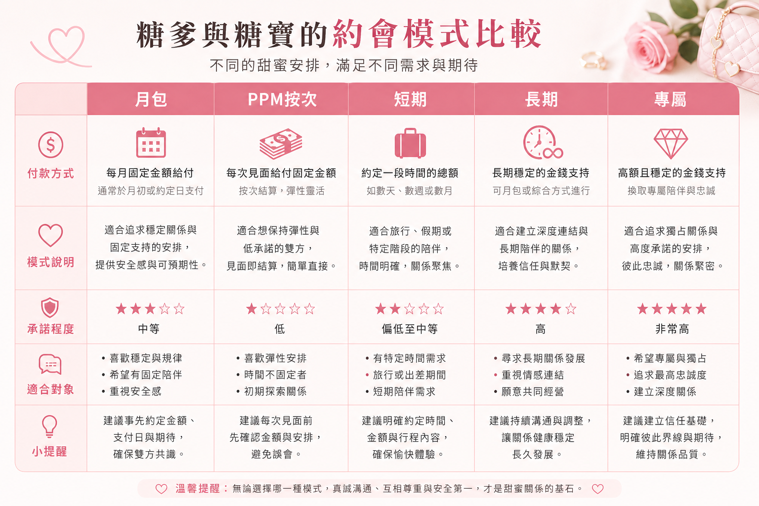 包養模式比較表：月包、PPM、短期、長期、專屬